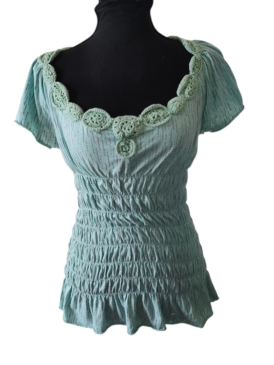 Dkny Tops - Vintage Y2K DKNY Pale Turquoise Smocked Scoop-Neck Women's Top with Crochet Trim